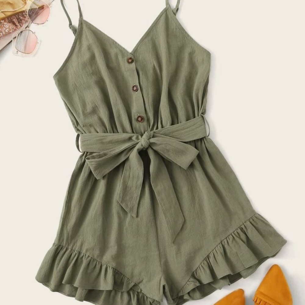 Army Green Belted Cami Romper